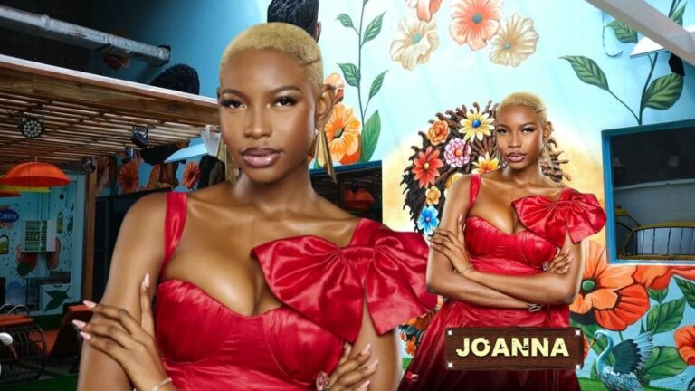 BBNaija Season 10 housemate Joanna posing in a vibrant setting with a floral mural backdrop. She is wearing a striking red dress with a large bow detail on the shoulder and has short blonde hair. A smaller cutout of Joanna in the same outfit appears beside her nameplate at the bottom.