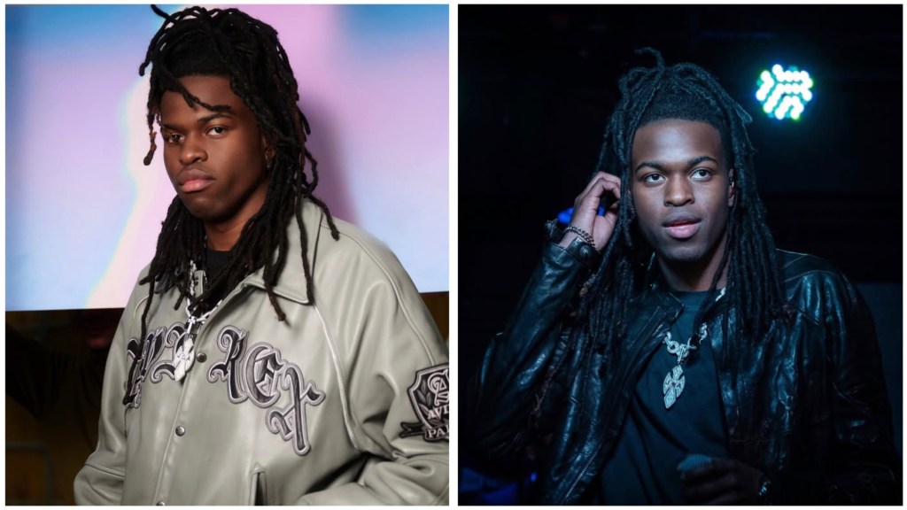 Jordan Adetunji, one showing him in a grey leather jacket with a cross necklace, and the other in a black leather jacket holding a microphone on stage.