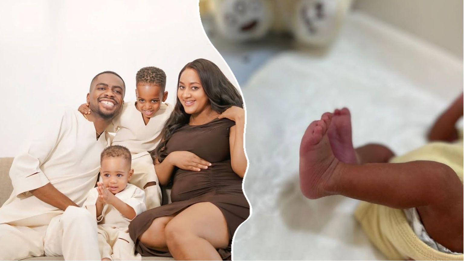 Nigerian comedian Josh2Funny with his wife Bina and their two children in a family portrait, alongside a close-up of their newborn son’s tiny feet.