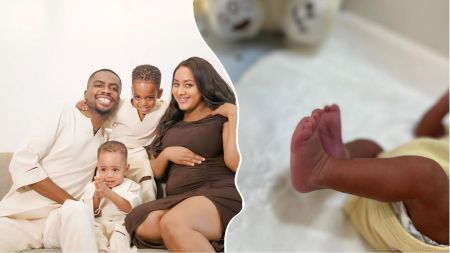 Nigerian comedian Josh2Funny with his wife Bina and their two children in a family portrait, alongside a close-up of their newborn son’s tiny feet.