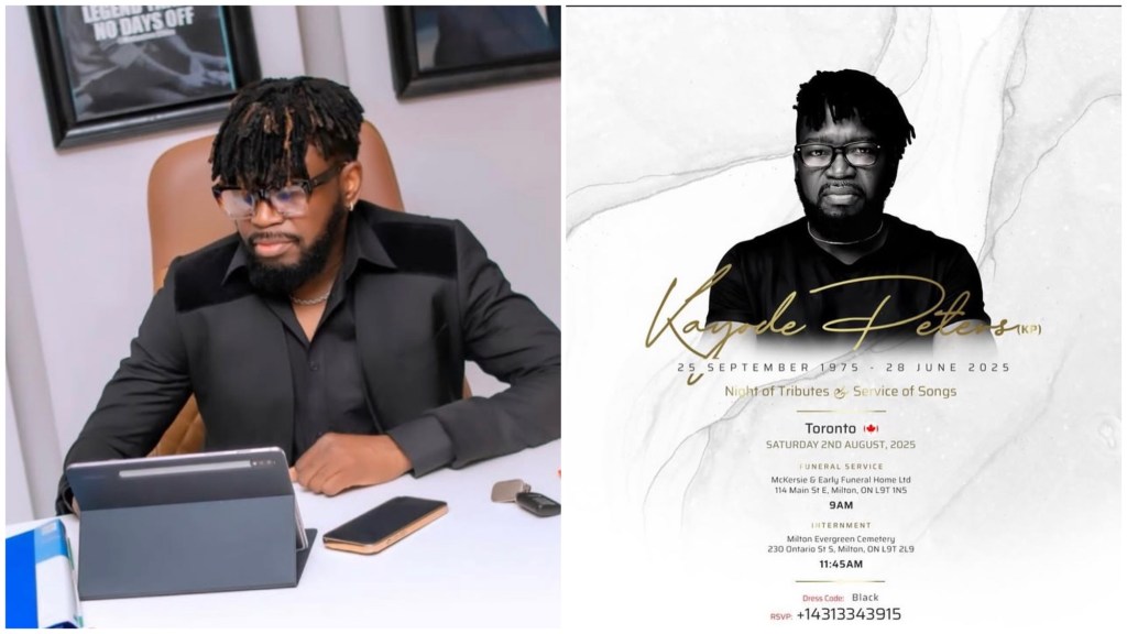 Kayode Peters in a black suit beside his Toronto burial poster as his family shares touching last words during his private funeral.