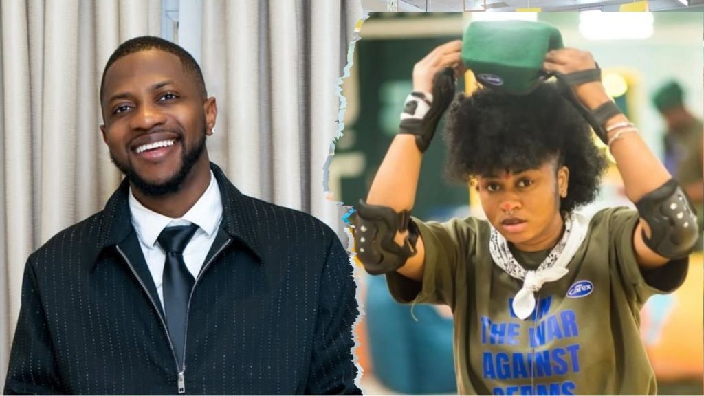 Big Brother Naija stars KayVee and Imisi pictured side by side. KayVee is dressed formally in a black suit with a tie, smiling brightly, while Imisi is seen in the BBNaija house wearing a green T-shirt with elbow pads, adjusting a green cap during a task.