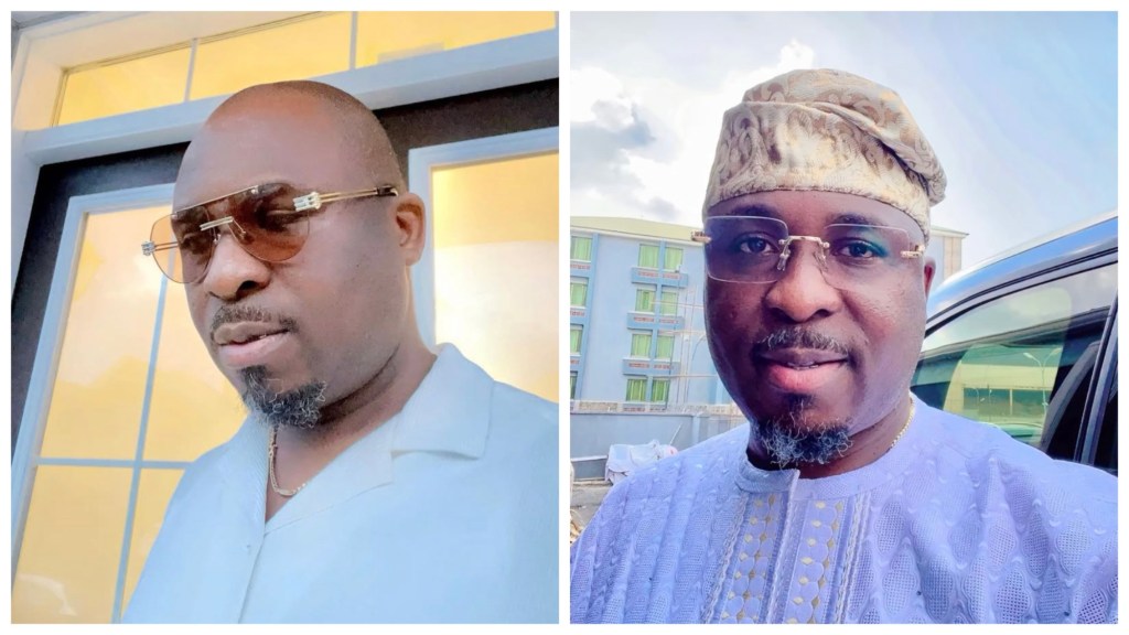 K1 De Ultimate in sunshades (left) and Yoruba agbada with cap (right), outside buildings.