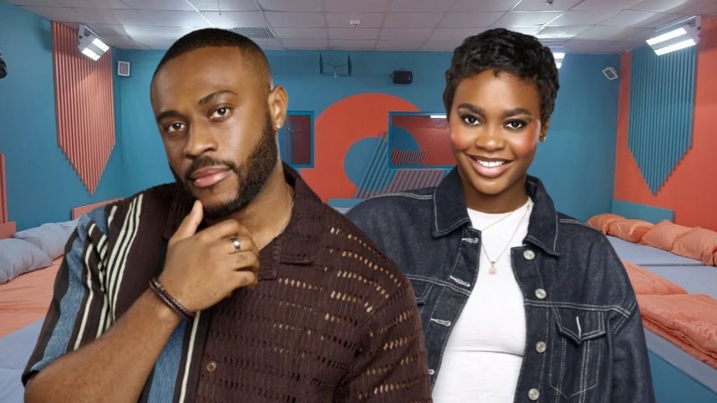 Big Brother Naija Season 10 housemates Kola and Dede pose together inside the BBNaija house. Kola, dressed in a brown striped shirt, poses with his hand on his chin, while Dede smiles in a denim jacket and white top.