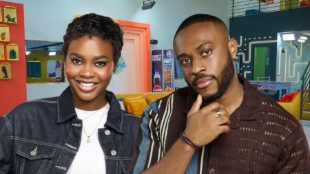 BBNaija Season 10 housemates Dede and Kola posing together inside the Big Brother Naija house, both looking confident and stylish.