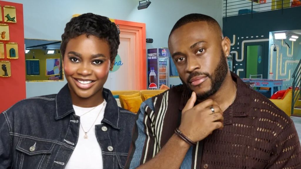 BBNaija Season 10 housemates Dede and Kola posing together inside the Big Brother Naija house, both looking confident and stylish.