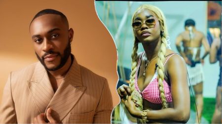 BBNaija Season 10 stars Kola and Dede. Kola is seen in a beige pinstripe suit against a plain backdrop, while Dede wears a red checkered crop top with long blonde braids and sunglasses inside the Big Brother Naija house.