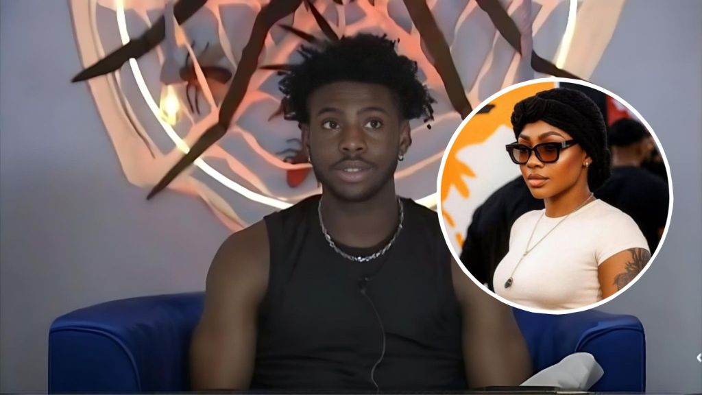 Big Brother Naija Season 10 housemate Koyin sits in the diary room dressed in a black sleeveless top, with an inset image of fellow housemate Sultana wearing sunglasses, a black head wrap, and a beige top.
