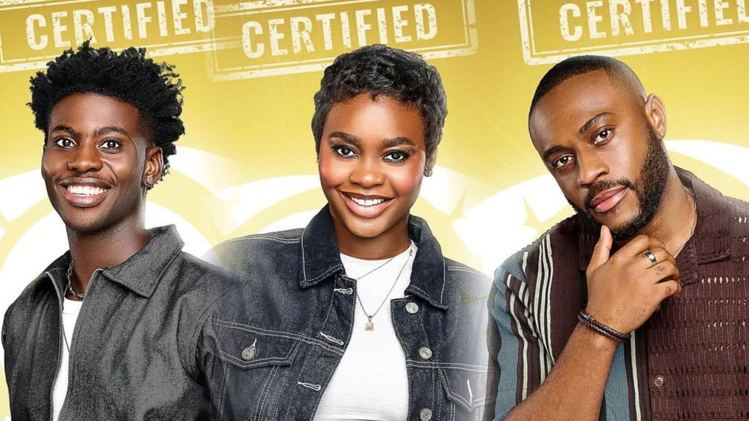 BBNaija Season 10 housemates Koyin, Dede, and Kola pose together against a yellow backdrop with the word “CERTIFIED” stamped above them.