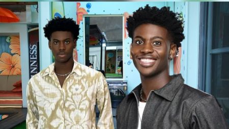 BBNaija Season 10 housemate Koyin, with short curly hair, posing inside the Big Brother Naija house while wearing a patterned beige shirt in one image and a dark jacket with a white top in another.