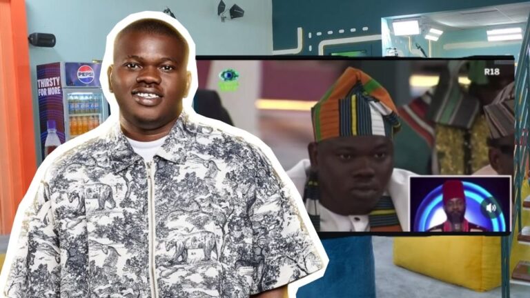 BBNaija Season 10 housemate Kuture smiling in a patterned shirt inside the Big Brother Naija house lounge, with an inset showing him wearing a traditional multicoloured cap during a live eviction show.