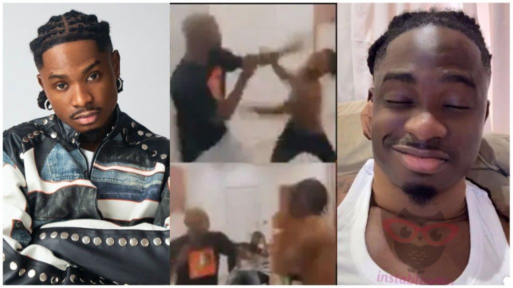 Nigerian rapper Lil Kesh pictured in a stylish portrait on the left, with the middle frame showing blurry screenshots of a heated fight, and another smiling selfie of him on the right.