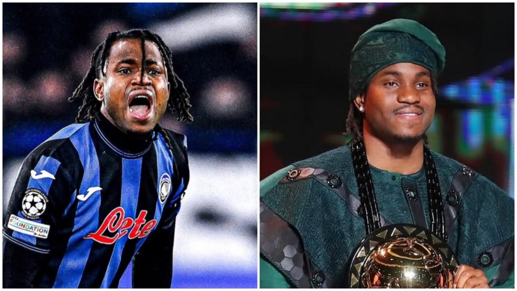 Ademola Lookman in Atalanta kit and wearing traditional Nigerian attire holding his CAF award.