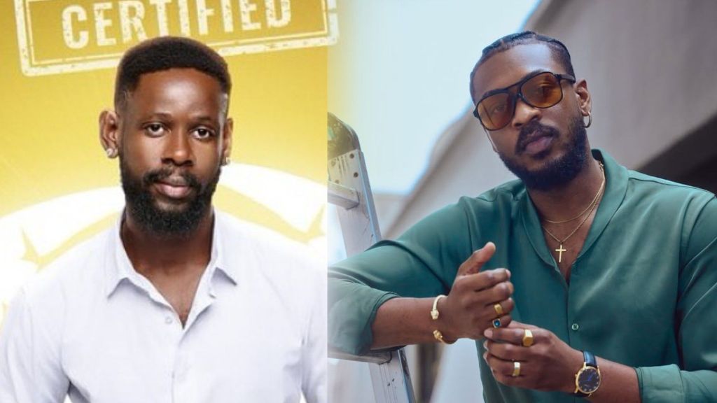 BBNaija Season 10 housemate Mensan in a white shirt beside BBNaija All Stars housemate Adekunle wearing a green shirt, gold accessories, and sunglasses.