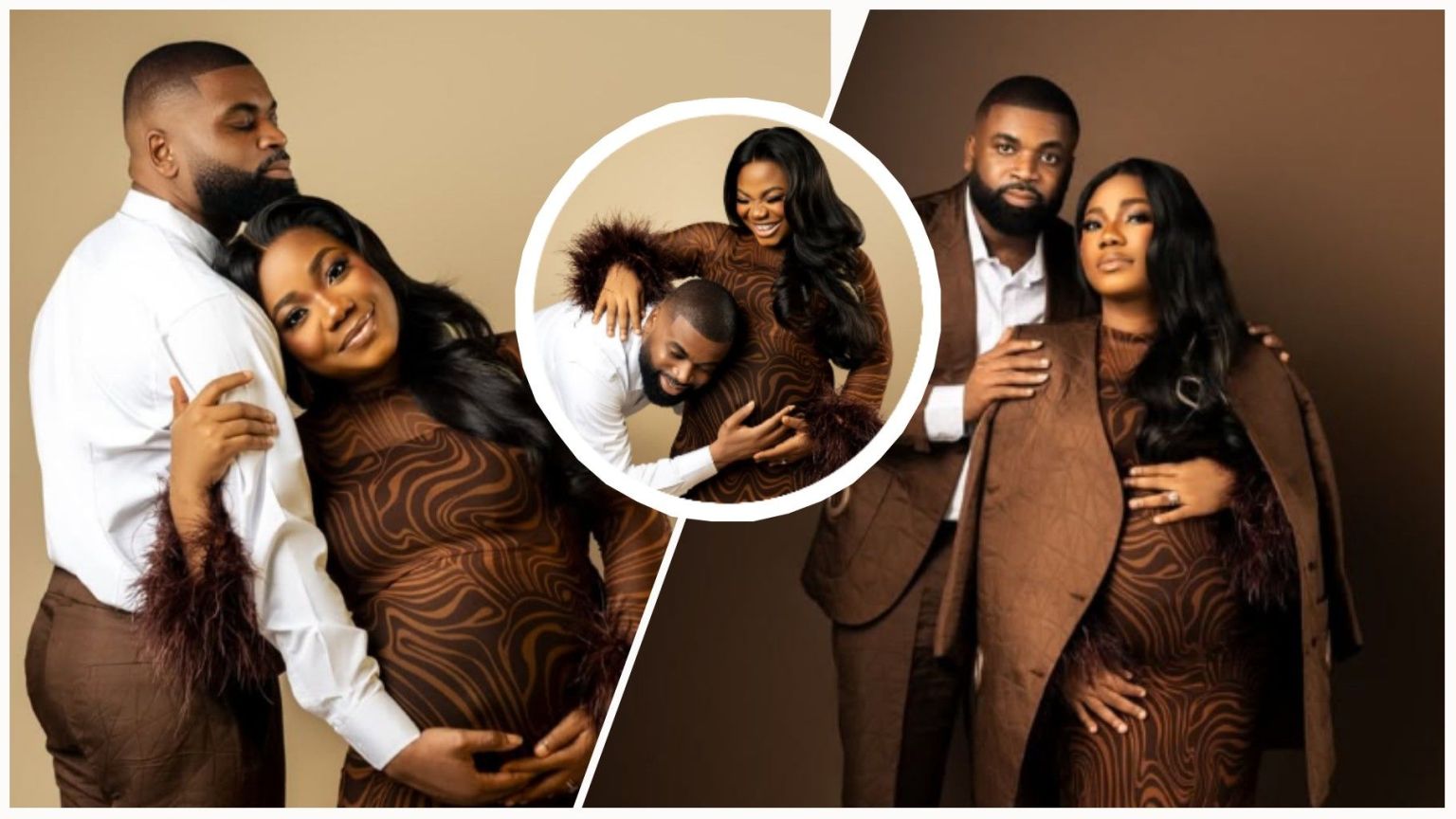 Gospel singer Mercy Chinwo and her husband, Pastor Blessed Uzochikwa, in a maternity photoshoot, joyfully announcing they are expecting their second child. The collage shows tender moments, including the couple embracing and Pastor Blessed playfully resting his head on Mercy’s baby bump.
