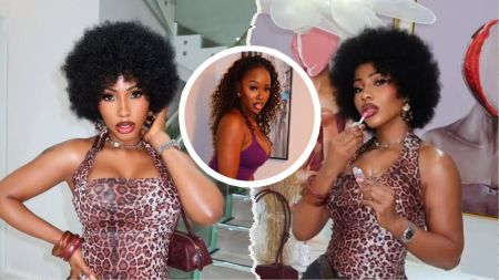 Nigerian reality TV star Mercy Eke poses in two stylish leopard print outfits with an afro hairstyle, while the inset shows fellow BBNaija alum Tolanibaj in a purple outfit.