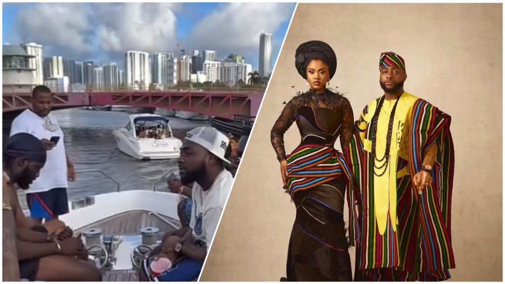 Davido and Chioma pose in a photo shoot. Davido and friends in a yacht in Miami before his wedding.