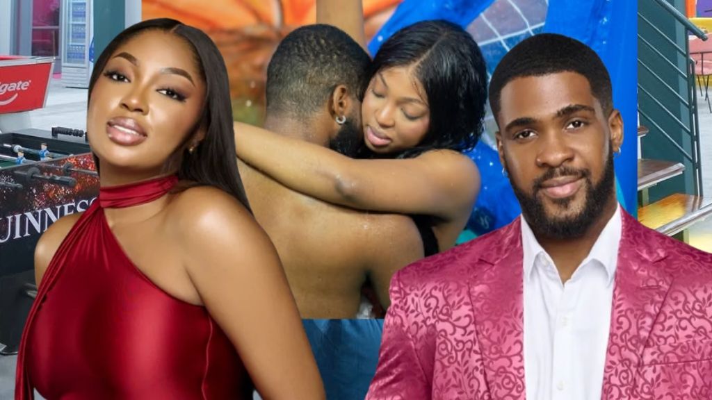 BBNaija Season 10 housemates Mide in a red halter dress and Bright Morgan in a patterned pink suit jacket, with an inset showing the two embracing under running water in the Big Brother house.