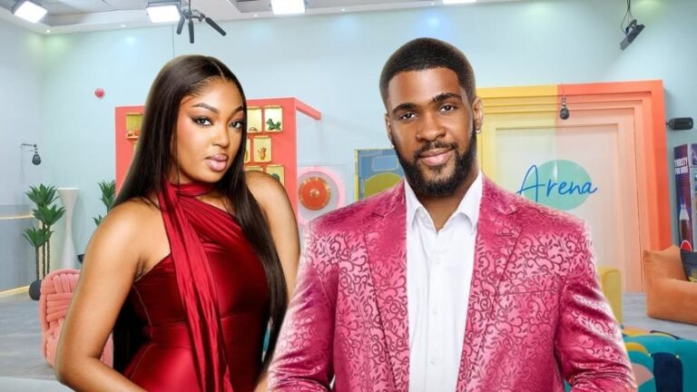 BBNaija Season 10 housemates Mide and Bright Morgan posing together inside the Big Brother Naija house. Mide is dressed in a red gown, while Bright Morgan wears a patterned pink suit jacket over a white shirt.