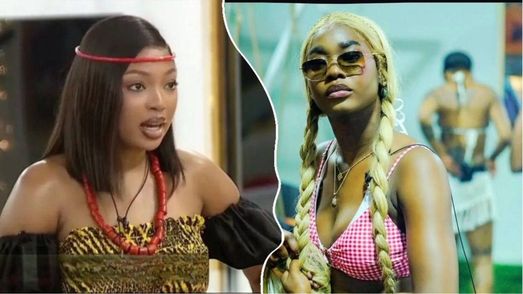 Big Brother Naija Season 10 housemates Mide and Dede. Mide is seen in traditional attire with coral beads and an animal print dress, while Dede poses in a red checkered bikini top with blonde braids and sunglasses during a house task.
