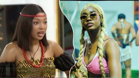 Big Brother Naija Season 10 housemates Mide and Dede. Mide is seen in traditional attire with coral beads and an animal print dress, while Dede poses in a red checkered bikini top with blonde braids and sunglasses during a house task.