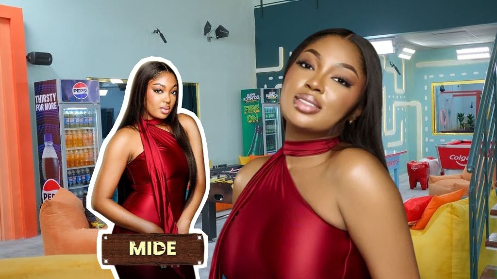 BBNaija Season 10 housemate Mide posing in the Big Brother Naija house, wearing a sleeveless red satin dress with a halter neck scarf detail, alongside an inset full-body image of herself with a wooden nameplate reading “Mide.”