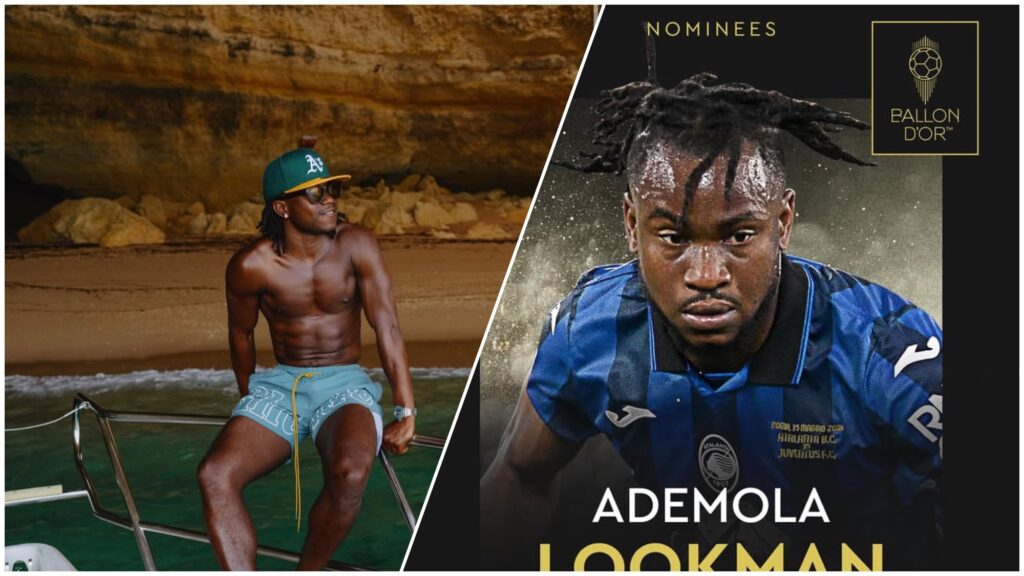 Lookman is shirtless and wearing shorts, sunglasses, and a green cap while sitting on a boat near a rocky beach. On the right, he is in his Atalanta football kit featured in an official Ballon d’Or nominees graphic