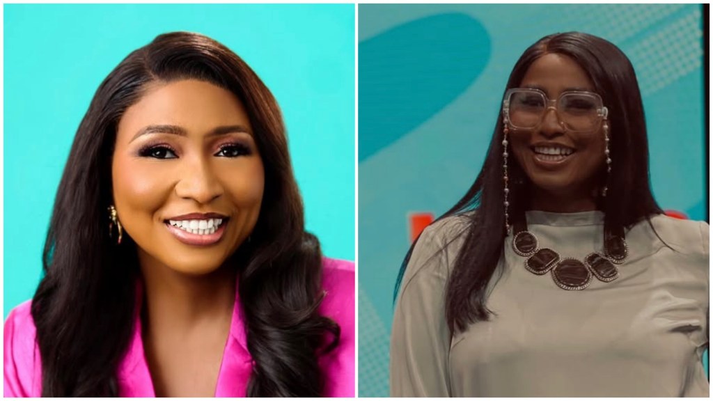TV host Morayo Afolabi-Brown smiling in two different outfits: one in pink, the other in white with bold glasses.