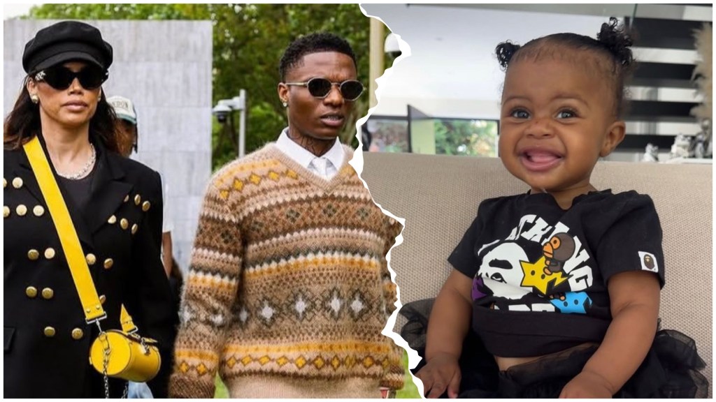 Wizkid and Jada P in sunglasses walk outdoors—she wears a black coat with gold buttons and a yellow crossbody bag, he wears a brown patterned sweater; right, their smiling toddler with two hair puffs sits on a sofa in a black graphic T-shirt.