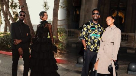 Collage of Nigerian singer Mr. Eazi and actress Temi Otedola. On the left, they pose outdoors in elegant black outfits, with Mr. Eazi in a suit and sunglasses and Temi in a flowing black gown. On the right, they are seen at night, with Mr. Eazi in a patterned shirt and Temi in a beige trench coat paired with knee-high black boots.
