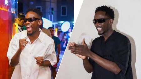 Side-by-side images of Nigerian singer Mr. Eazi. On the left, he is outdoors at a night event, smiling and raising his fists in excitement while wearing a white shirt and sunglasses. On the right, he is indoors, clapping and smiling in a black outfit and matching sunglasses.