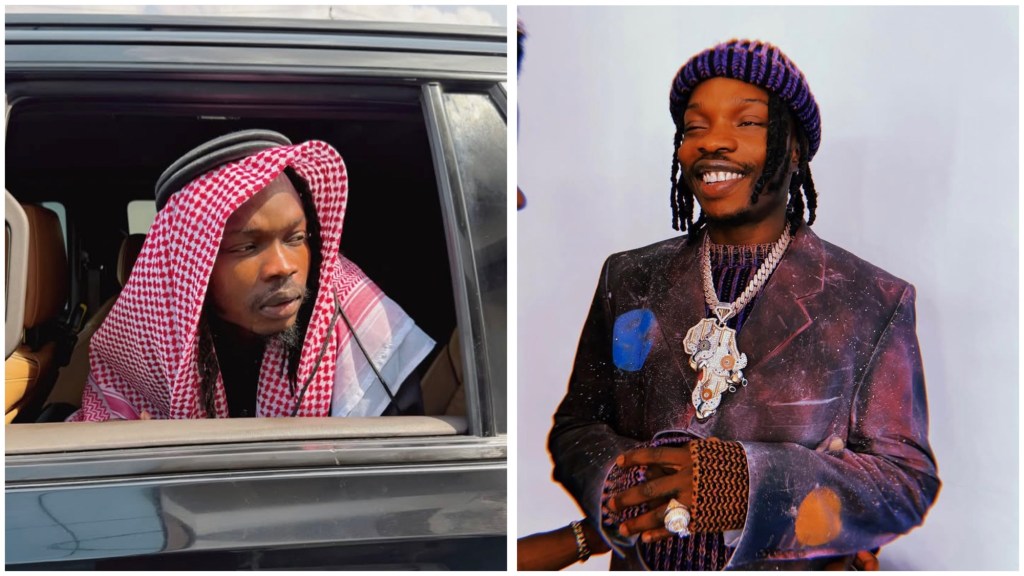 Naira Marley in a two-panel collage: left, wearing a red-and-white keffiyeh as he looks out from a car window; right, smiling in a purple beanie and patterned suit with layered chains