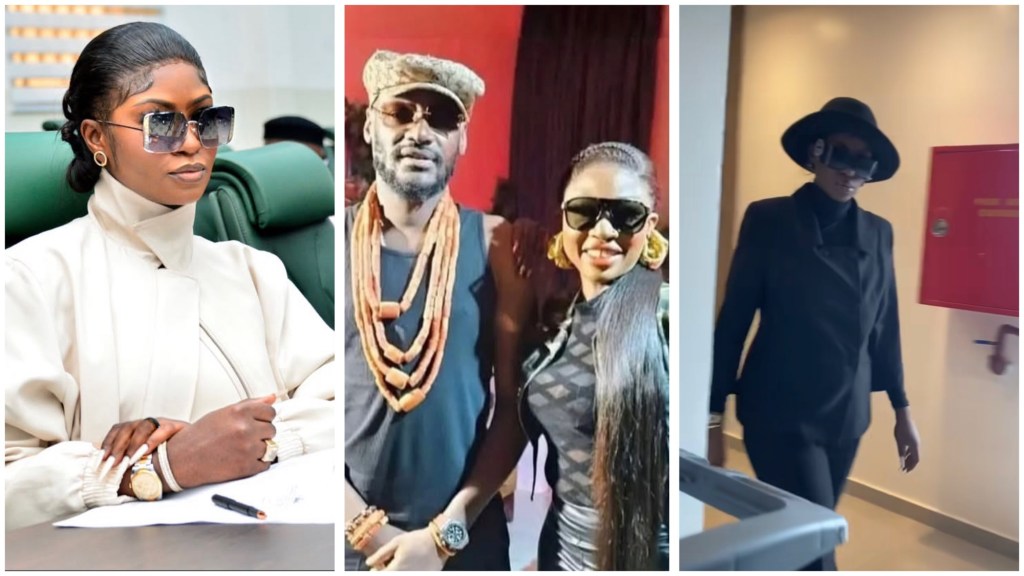 Natasha in shades at chamber desk; centre with 2Baba in coral beads and she walking in black coat and hat.
