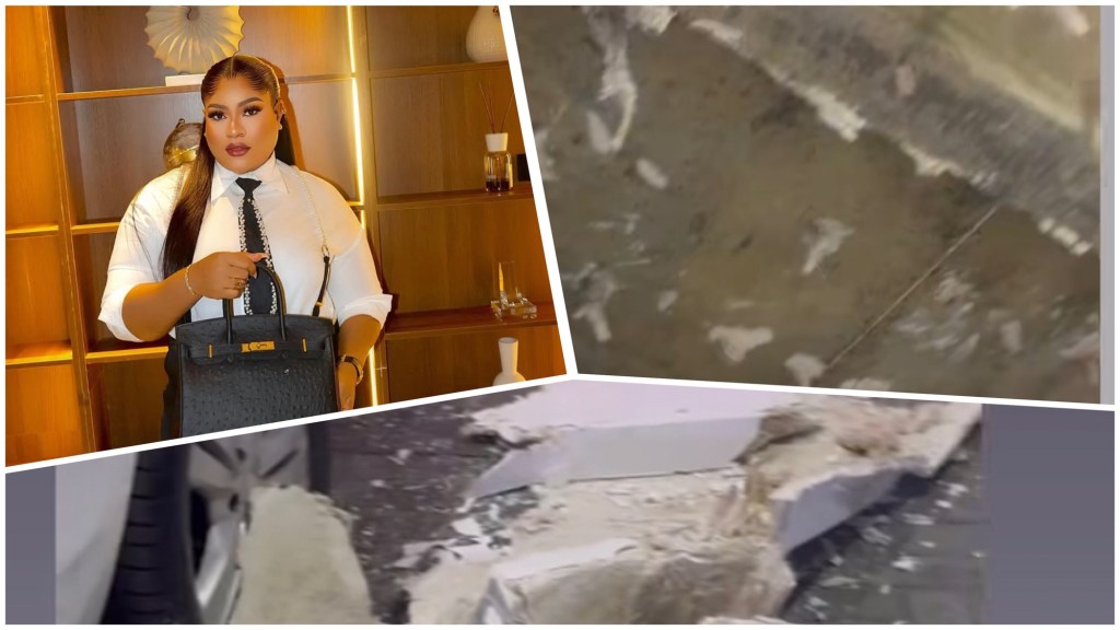Nkechi Blessing POP ceiling collapse in Lekki home car park, debris on floor.