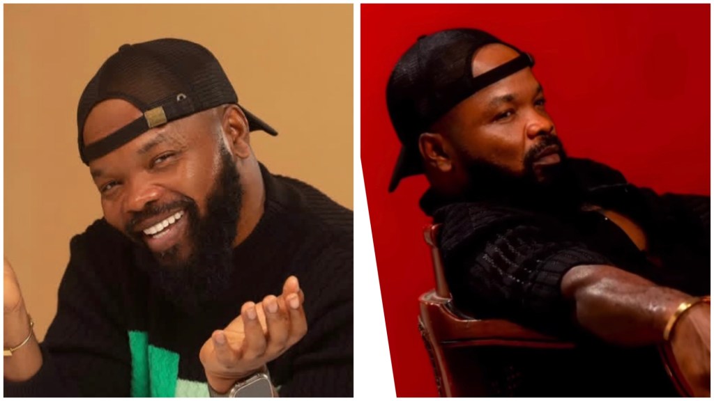 Nedu in a black cap smiling on a beige background; right, seated and serious against a red backdrop