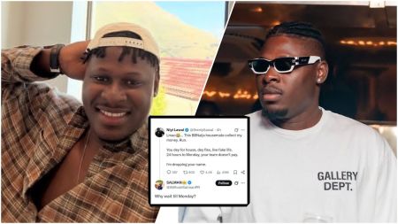 Former Big Brother Naija star Niyi Lawal pictured in a collage, smiling casually in a plaid shirt on the left and wearing dark sunglasses with a white t-shirt on the right, alongside a screenshot of his viral tweet calling out a BBNaija housemate over unpaid money.