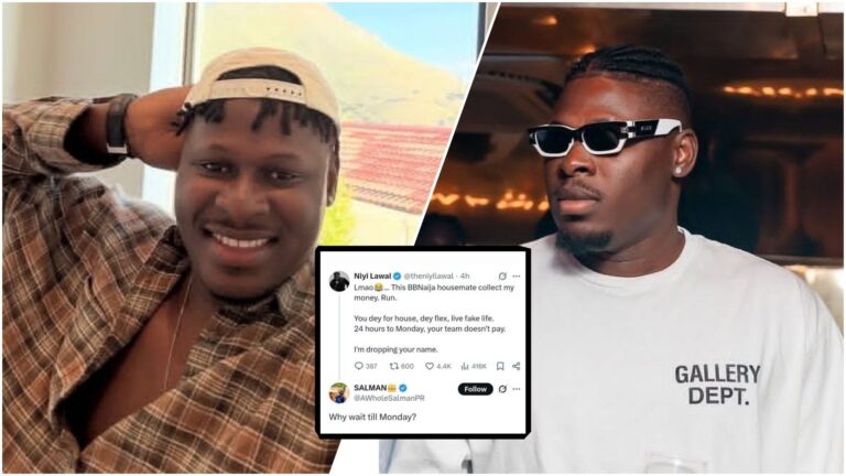 Former Big Brother Naija star Niyi Lawal pictured in a collage, smiling casually in a plaid shirt on the left and wearing dark sunglasses with a white t-shirt on the right, alongside a screenshot of his viral tweet calling out a BBNaija housemate over unpaid money.