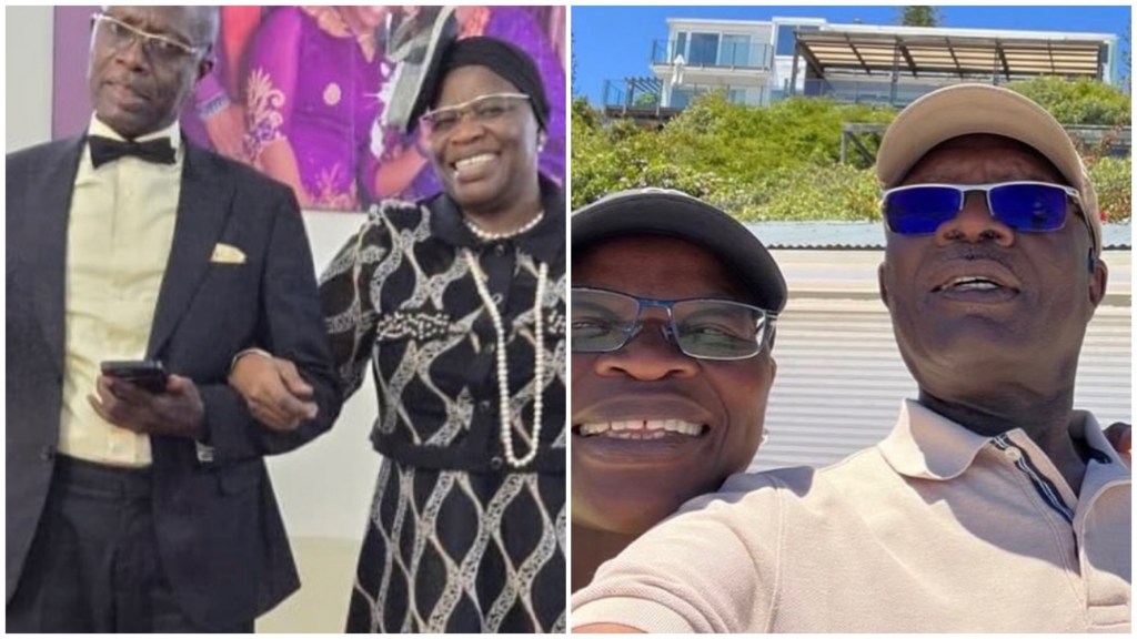 Oby Ezekwesili and Pastor Chinedu Ezekwesili smiling during a sunny day out; also seen dressed up arm-in-arm at a formal event.