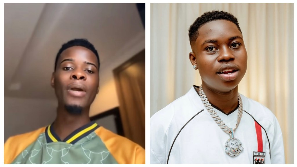 Odun Wire speaking indoors in a green-and-yellow jersey; right, peller in a white sports top with a red stripe, wearing a chunky silver Cuban-link chain and pendant against a cream curtain backdrop