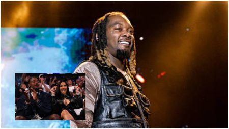 Main image shows rapper Offset performing on stage under warm lighting, wearing a leather vest and smiling. In the inset image, Cardi B sits courtside next to NFL star Stefon Diggs, both cheering and clapping at a lively sports event.
