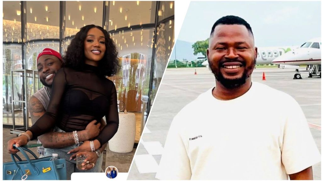 Split image showing Nigerian singer Davido hugging his wife Chioma from behind as they pose indoors with smiles. Chioma holds a blue designer bag and a drink. On the right, politician Ossai Ovie Success stands smiling at an airport runway with private jets in the background.