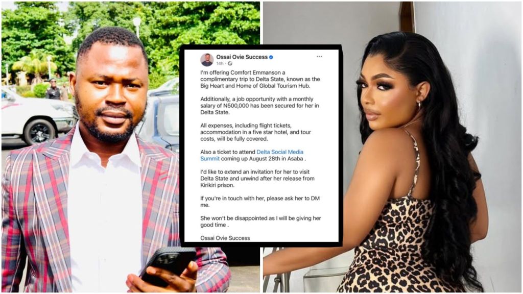 Collage featuring Ossai Ovie Success in a plaid suit holding a phone, a screenshot of his Facebook post offering Comfort Emmanson a trip and job opportunity, and Comfort Emmanson posing in a leopard print dress.