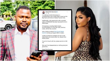 Collage featuring Ossai Ovie Success in a plaid suit holding a phone, a screenshot of his Facebook post offering Comfort Emmanson a trip and job opportunity, and Comfort Emmanson posing in a leopard print dress.