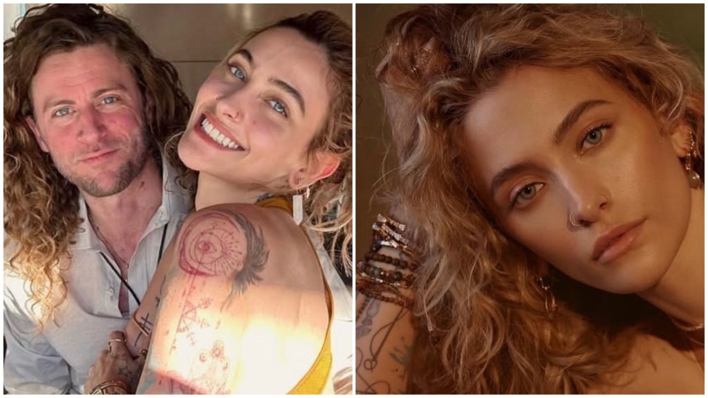 Paris Jackson smiling alongside Justin Long in a cosy moment, and a close-up portrait of Paris showcasing her curly hair and tattoos.