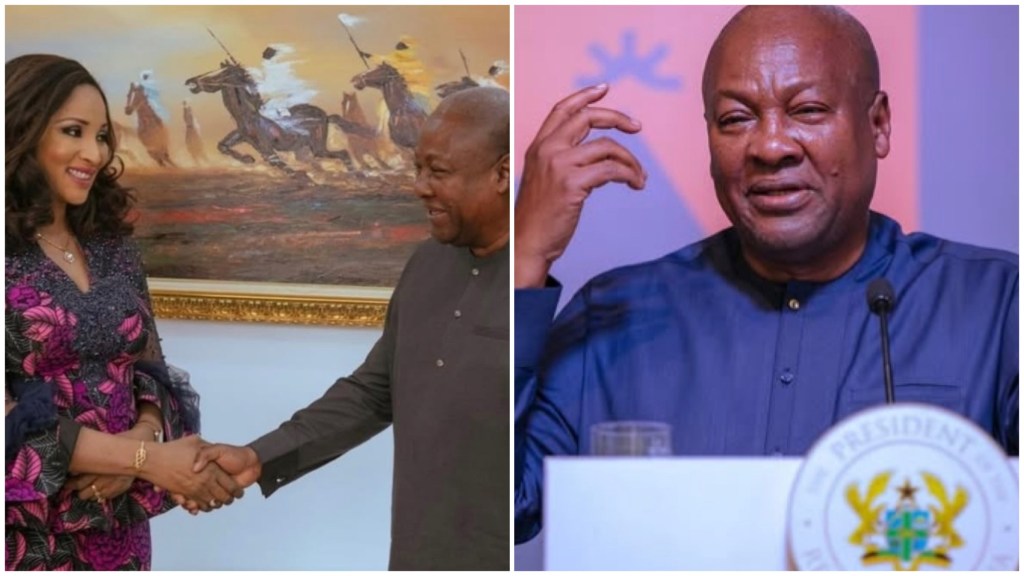 Ghanaian president H.E. Dr John Mahama shakes hands with Nigeria’s envoy Mrs Bianca Ojukwu Odumegwu during a peace meeting, with Mahama also speaking at a press briefing.