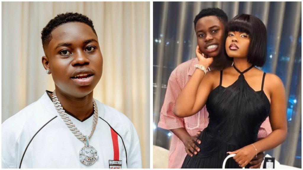 Peller in white jersey and diamond chain, he pose behind Jarvis who is in a black halter dress indoors.