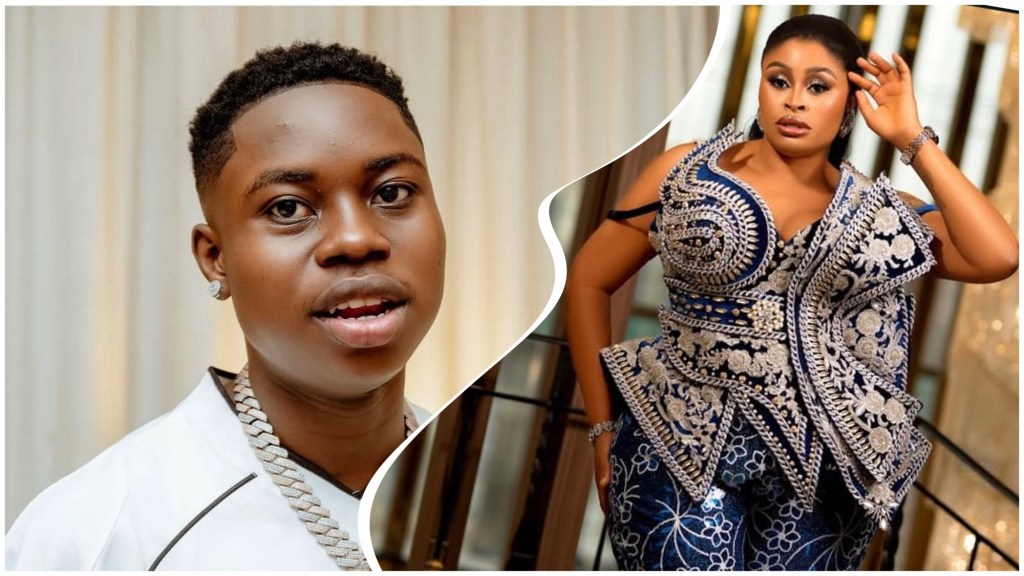  Peller in a white shirt with a diamond chain and Sarah in an ornate blue-and-silver beaded outfit posing indoors with one hand near her head