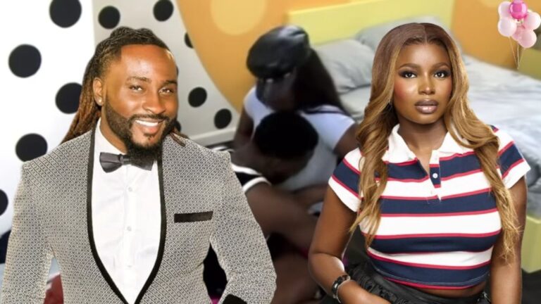 Big Brother Naija stars Pere and Isabella posing in the foreground, with a blurred background scene from the house showing Isabella and a fellow housemate interacting in the bedroom area.