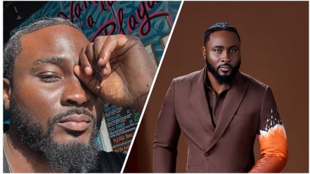 Nigerian actor and BBNaija star Pere Egbi in a split photo collage, showing a close-up outdoor selfie on the left and a formal studio portrait in a brown suit with orange sleeve detail on the right.