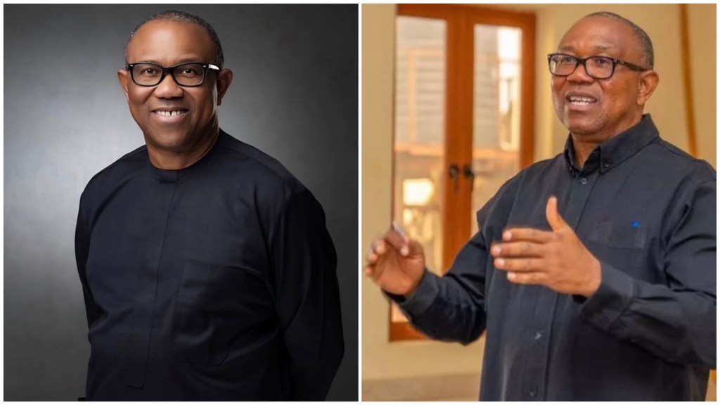 Peter Obi wearing a black native top, smiling in one photo and speaking passionately in another.